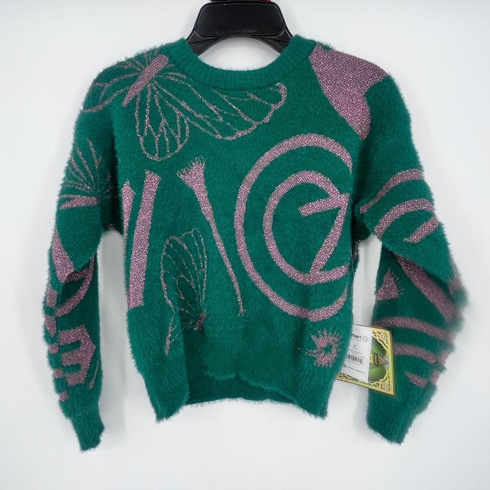Wicked Pullover Sweater Girls Medium 7/8 Green Metallic Purple Fuzzy Butterfly